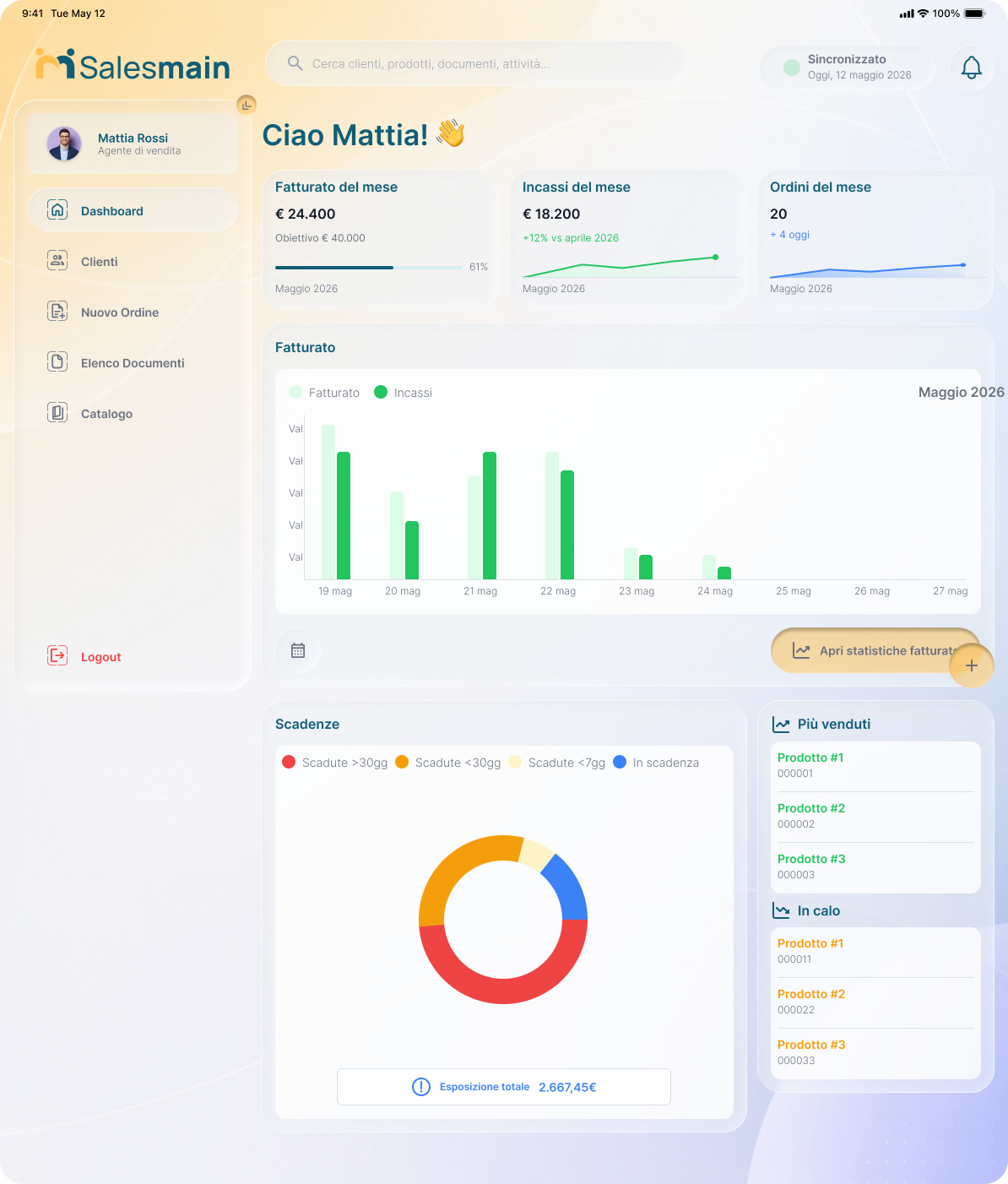 Dashboard di Salesmain mostrata su tablet
