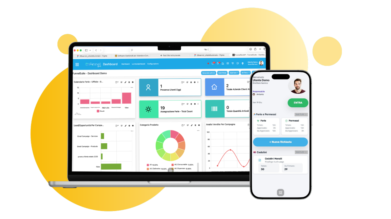 FunnelSuiteCRM mostrato su laptop affiancato da FunnelSuiteHR mostrato su smartphone